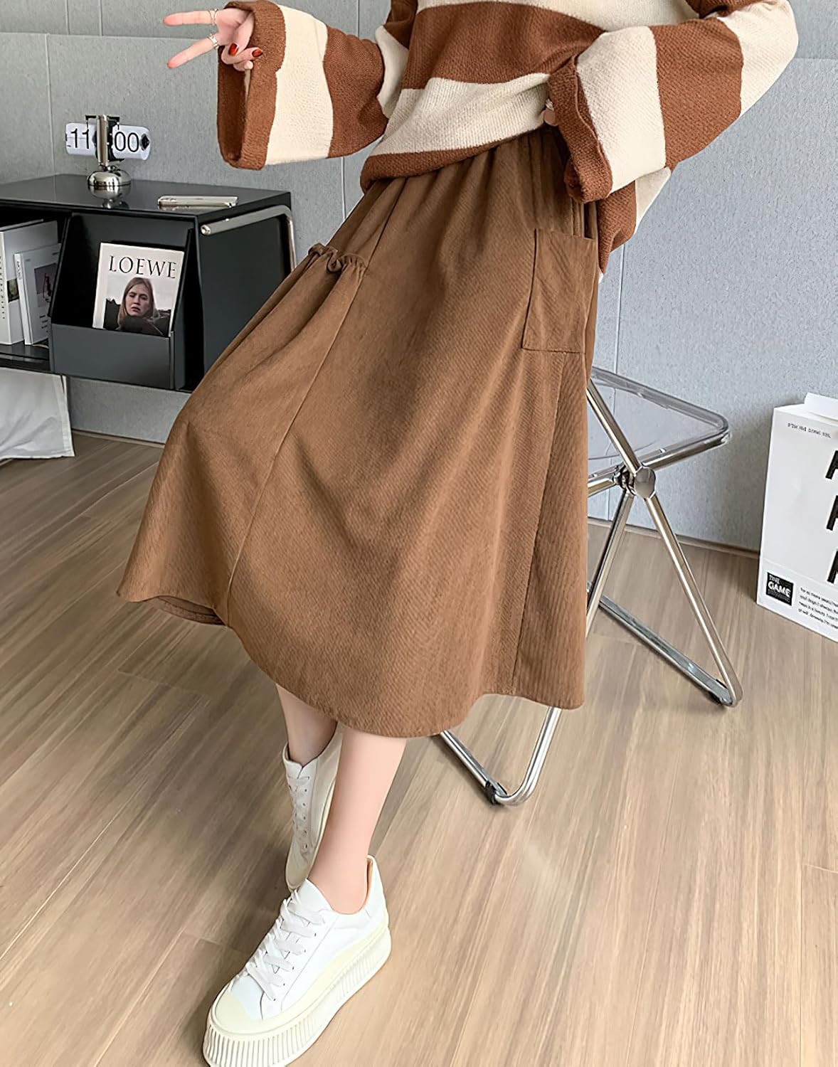 imagechouyatou Womens Elastic Waist Corduroy Skirts Vintage Frill ALine Pocket Corduroy Midi Long SkirtBrown