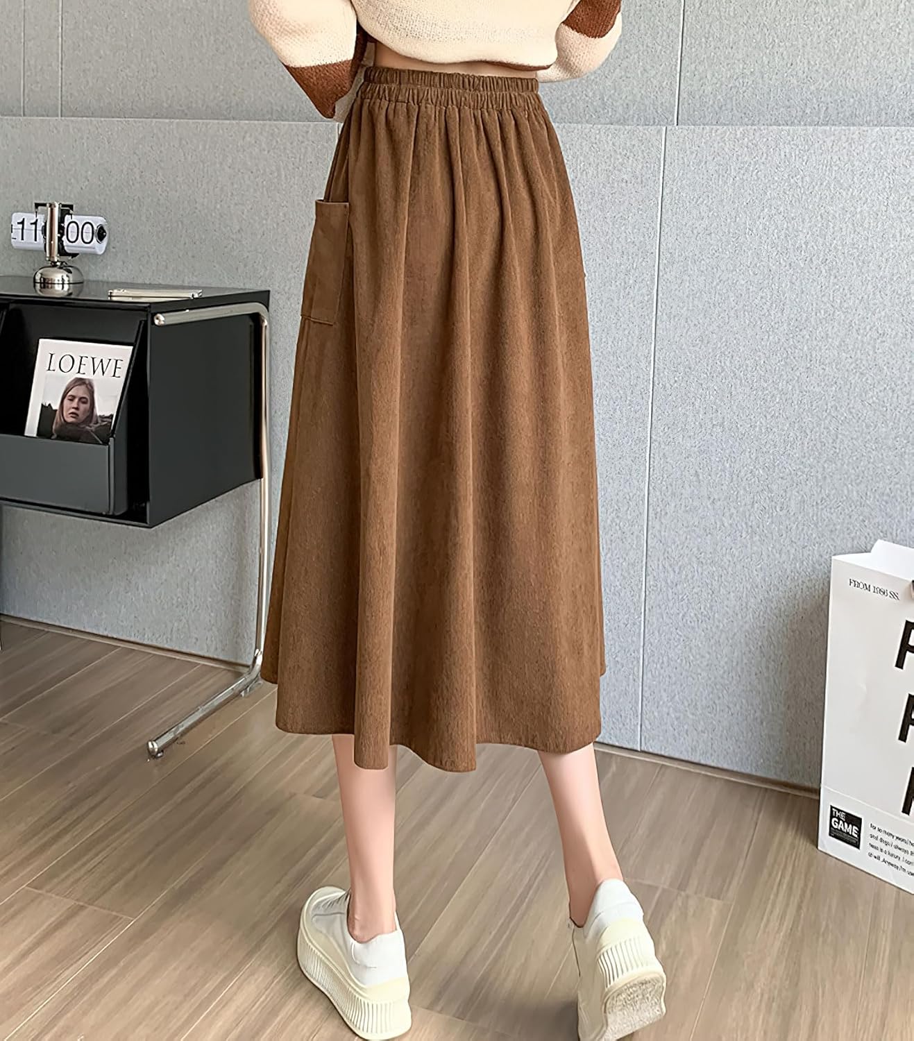 imagechouyatou Womens Elastic Waist Corduroy Skirts Vintage Frill ALine Pocket Corduroy Midi Long SkirtBrown