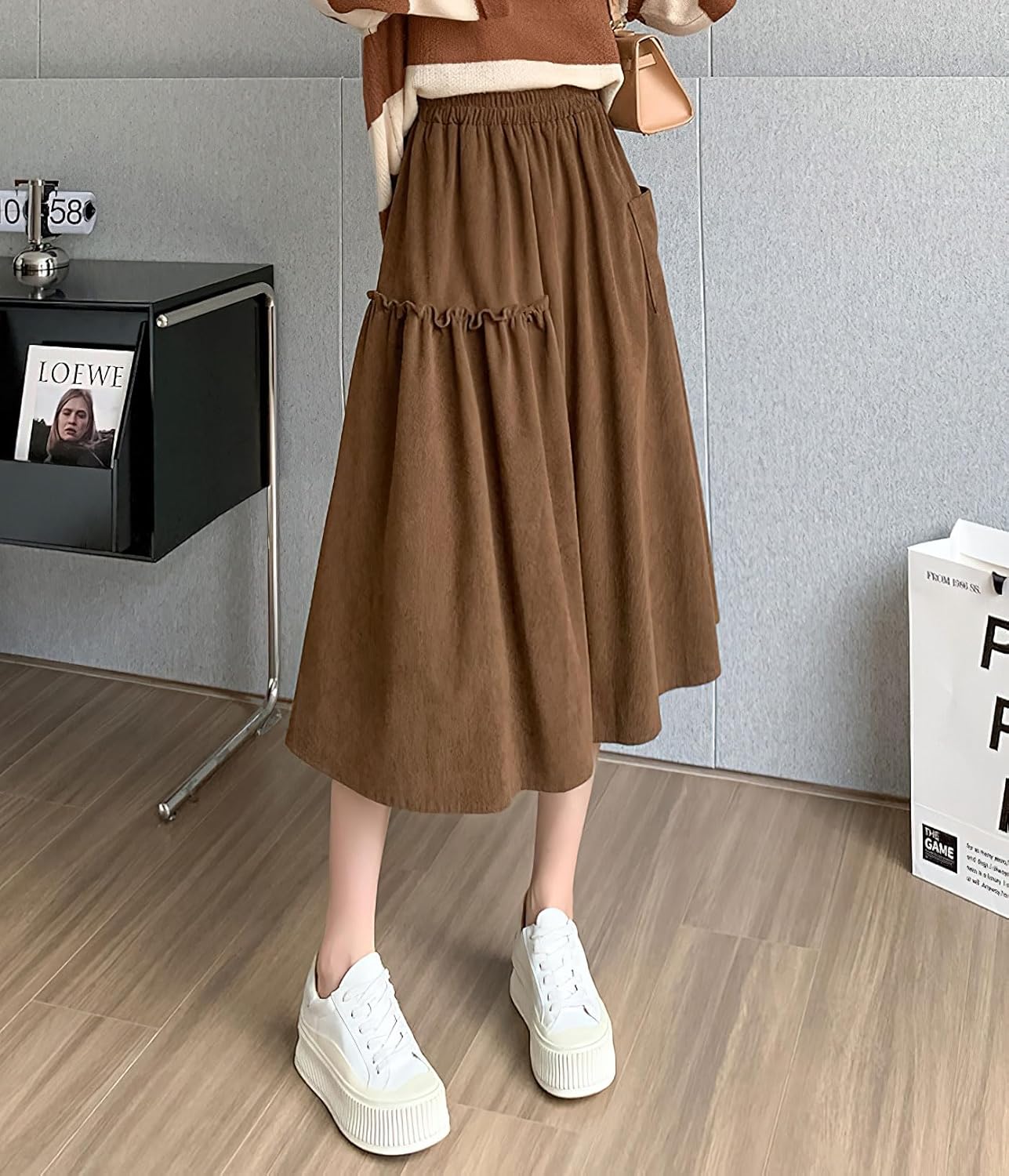 imagechouyatou Womens Elastic Waist Corduroy Skirts Vintage Frill ALine Pocket Corduroy Midi Long SkirtBrown
