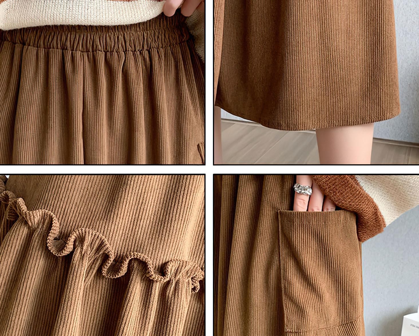 imagechouyatou Womens Elastic Waist Corduroy Skirts Vintage Frill ALine Pocket Corduroy Midi Long SkirtBrown
