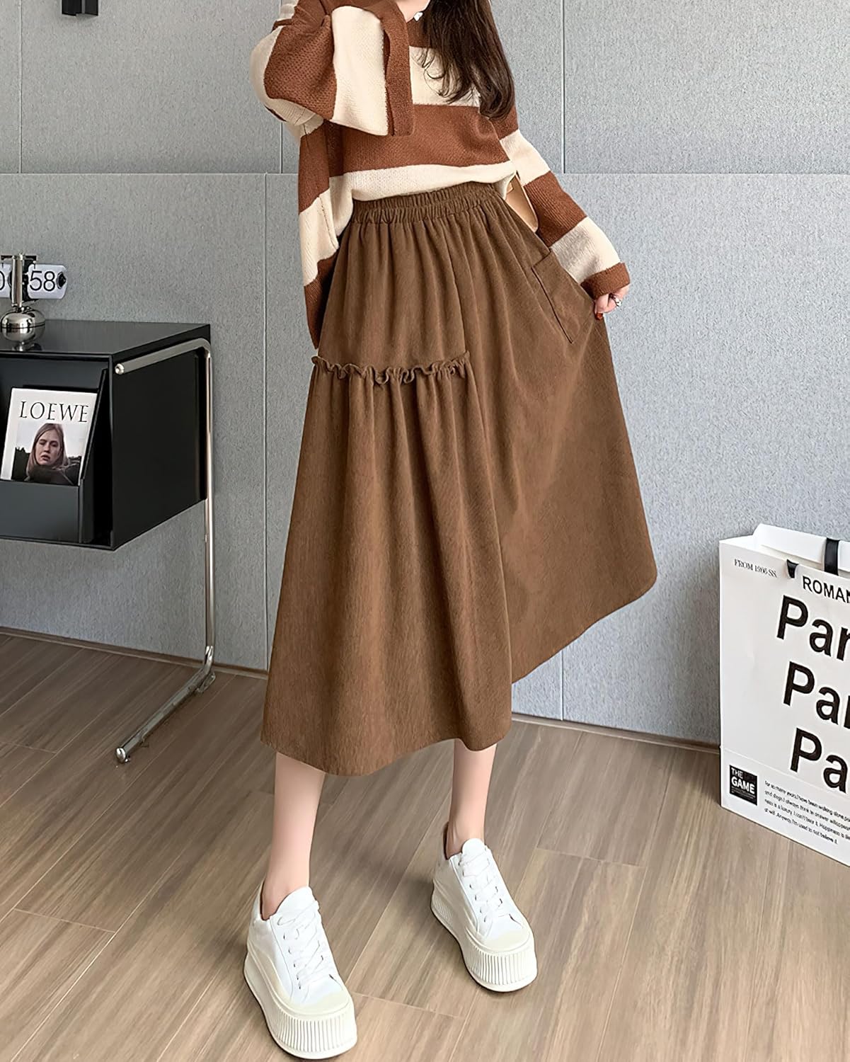 imagechouyatou Womens Elastic Waist Corduroy Skirts Vintage Frill ALine Pocket Corduroy Midi Long SkirtBrown