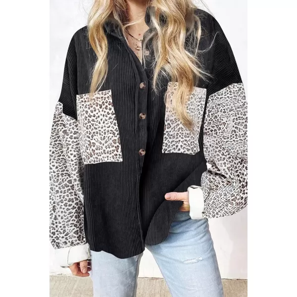 imagechouyatou Fall Fashion Blouses Tops for Women 2021 Contrast Leopard Corduroy Button Loose Oversized Batwing Shirt ShacketBlack