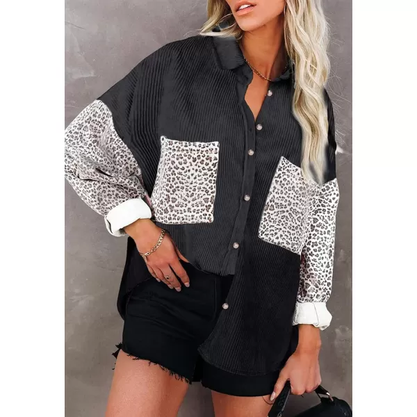 imagechouyatou Fall Fashion Blouses Tops for Women 2021 Contrast Leopard Corduroy Button Loose Oversized Batwing Shirt ShacketBlack