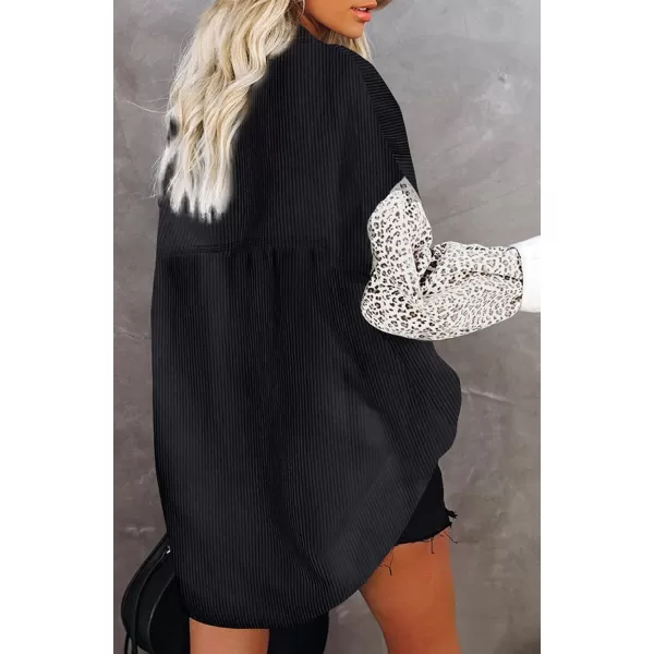 imagechouyatou Fall Fashion Blouses Tops for Women 2021 Contrast Leopard Corduroy Button Loose Oversized Batwing Shirt ShacketBlack