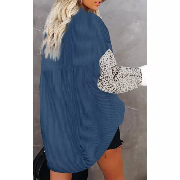 imagechouyatou Fall Fashion Blouses Tops for Women 2021 Contrast Leopard Corduroy Button Loose Oversized Batwing Shirt ShacketBlue