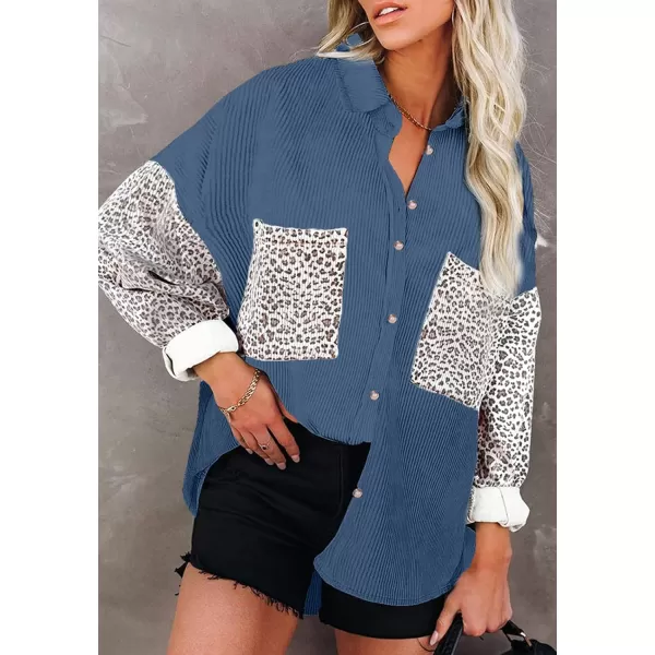 imagechouyatou Fall Fashion Blouses Tops for Women 2021 Contrast Leopard Corduroy Button Loose Oversized Batwing Shirt ShacketBlue