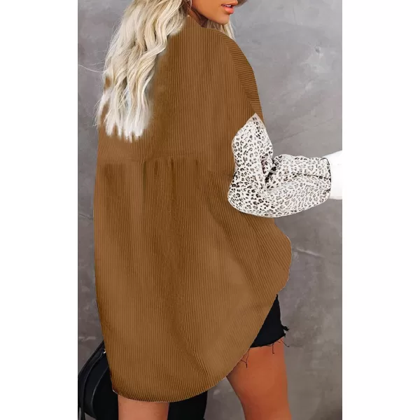 imagechouyatou Fall Fashion Blouses Tops for Women 2021 Contrast Leopard Corduroy Button Loose Oversized Batwing Shirt ShacketCamel