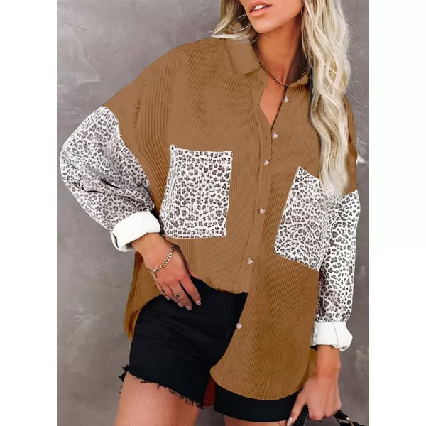 imagechouyatou Fall Fashion Blouses Tops for Women 2021 Contrast Leopard Corduroy Button Loose Oversized Batwing Shirt ShacketCamel