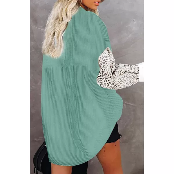 imagechouyatou Fall Fashion Blouses Tops for Women 2021 Contrast Leopard Corduroy Button Loose Oversized Batwing Shirt ShacketGreen