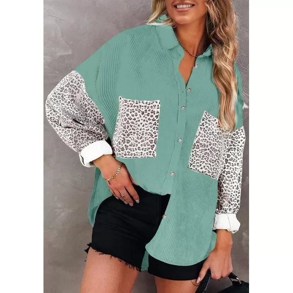 imagechouyatou Fall Fashion Blouses Tops for Women 2021 Contrast Leopard Corduroy Button Loose Oversized Batwing Shirt ShacketGreen