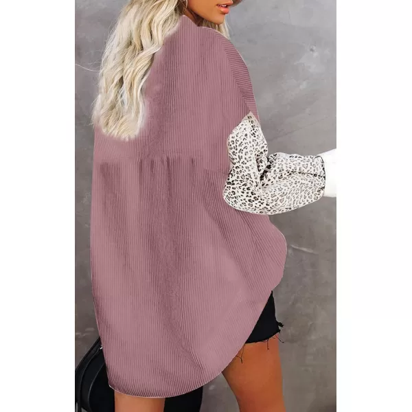 imagechouyatou Fall Fashion Blouses Tops for Women 2021 Contrast Leopard Corduroy Button Loose Oversized Batwing Shirt ShacketPink