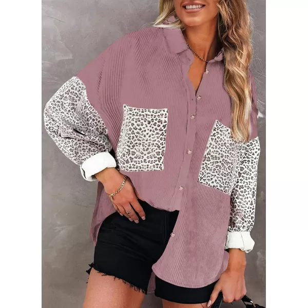 imagechouyatou Fall Fashion Blouses Tops for Women 2021 Contrast Leopard Corduroy Button Loose Oversized Batwing Shirt ShacketPink