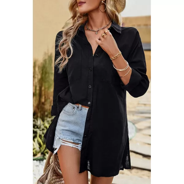 imagechouyatou Women Midi Long Linen Button Down Shirt Collared Casual Loose Long Sleeve Work Blouse Summer TopBlack