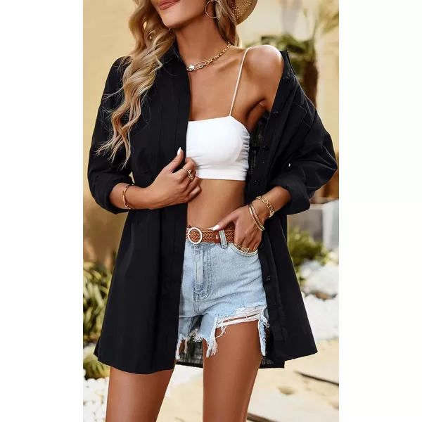 imagechouyatou Women Midi Long Linen Button Down Shirt Collared Casual Loose Long Sleeve Work Blouse Summer TopBlack
