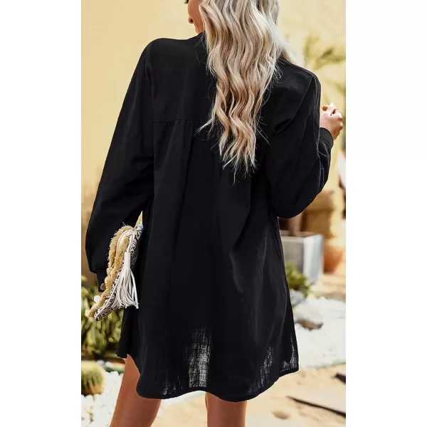 imagechouyatou Women Midi Long Linen Button Down Shirt Collared Casual Loose Long Sleeve Work Blouse Summer TopBlack