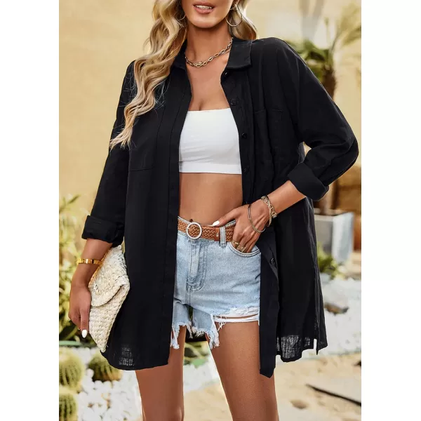 imagechouyatou Women Midi Long Linen Button Down Shirt Collared Casual Loose Long Sleeve Work Blouse Summer TopBlack
