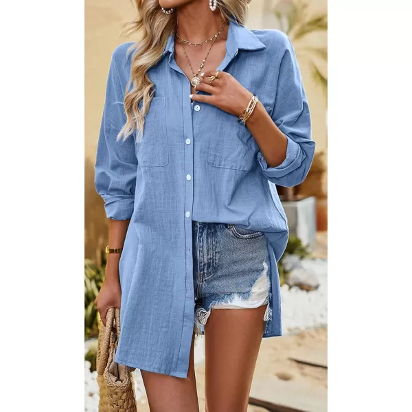 imagechouyatou Women Midi Long Linen Button Down Shirt Collared Casual Loose Long Sleeve Work Blouse Summer TopBlue