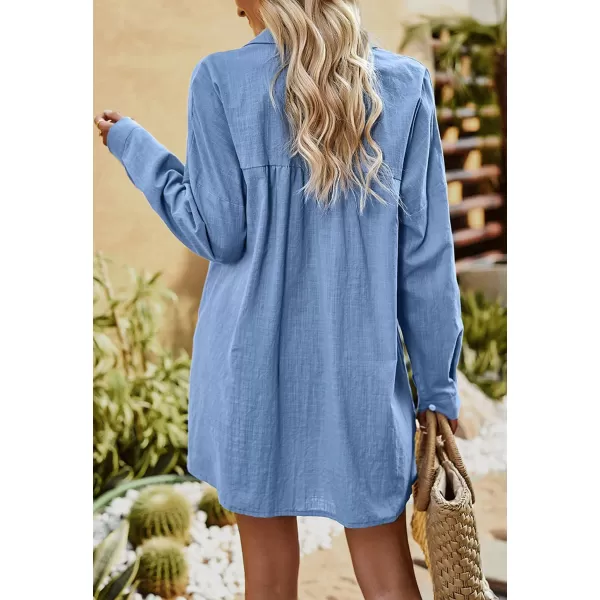 imagechouyatou Women Midi Long Linen Button Down Shirt Collared Casual Loose Long Sleeve Work Blouse Summer TopBlue