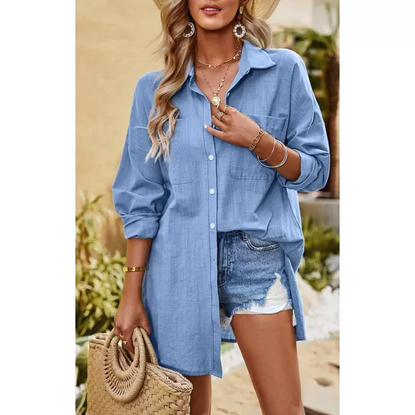 imagechouyatou Women Midi Long Linen Button Down Shirt Collared Casual Loose Long Sleeve Work Blouse Summer TopBlue