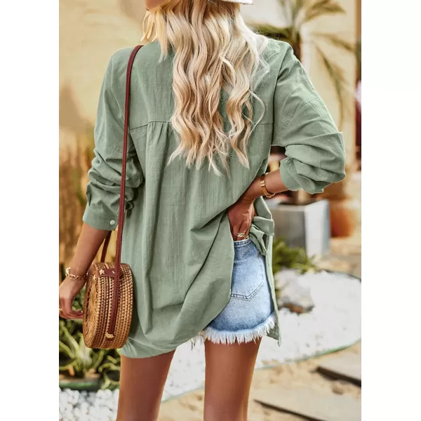 imagechouyatou Women Midi Long Linen Button Down Shirt Collared Casual Loose Long Sleeve Work Blouse Summer TopGreen