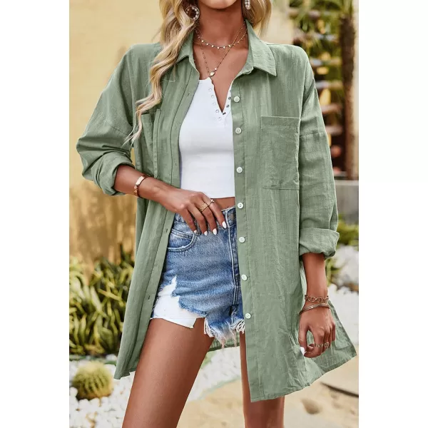 imagechouyatou Women Midi Long Linen Button Down Shirt Collared Casual Loose Long Sleeve Work Blouse Summer TopGreen