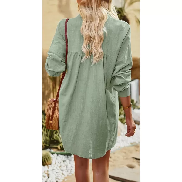 imagechouyatou Women Midi Long Linen Button Down Shirt Collared Casual Loose Long Sleeve Work Blouse Summer TopGreen