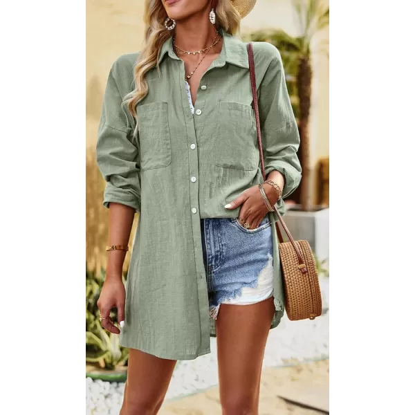 imagechouyatou Women Midi Long Linen Button Down Shirt Collared Casual Loose Long Sleeve Work Blouse Summer TopGreen