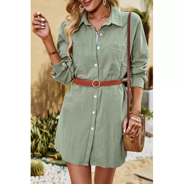 imagechouyatou Women Midi Long Linen Button Down Shirt Collared Casual Loose Long Sleeve Work Blouse Summer TopGreen