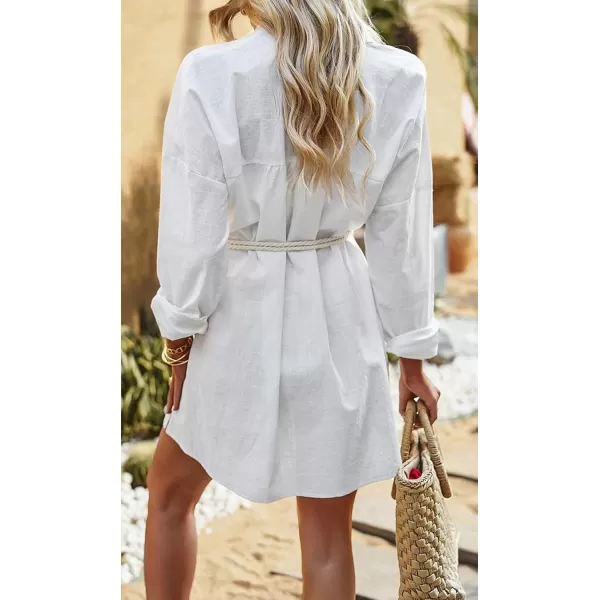 imagechouyatou Women Midi Long Linen Button Down Shirt Collared Casual Loose Long Sleeve Work Blouse Summer TopWhite
