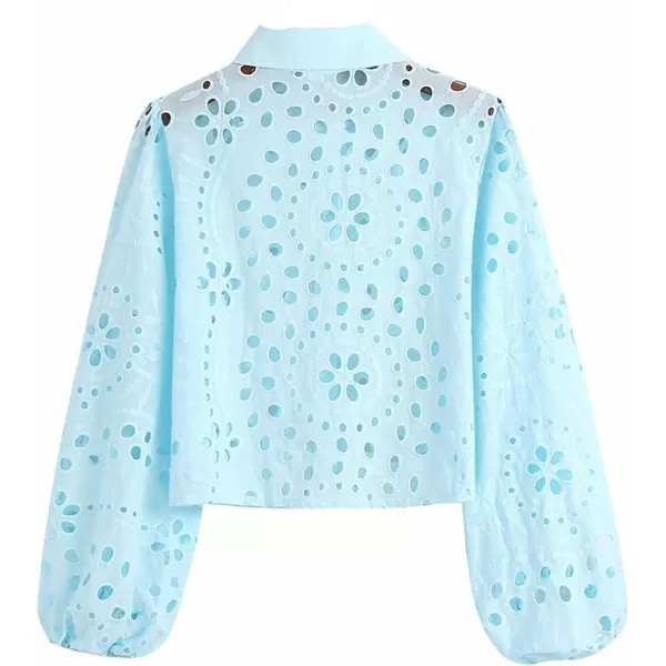 imagechouyatou Women Spring Long Sleeve Hollow Out Lace Top Summer Collared Button Down Shirt Work BlousesBlue