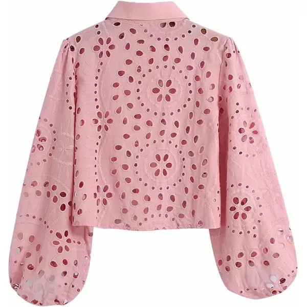 imagechouyatou Women Spring Long Sleeve Hollow Out Lace Top Summer Collared Button Down Shirt Work BlousesPink