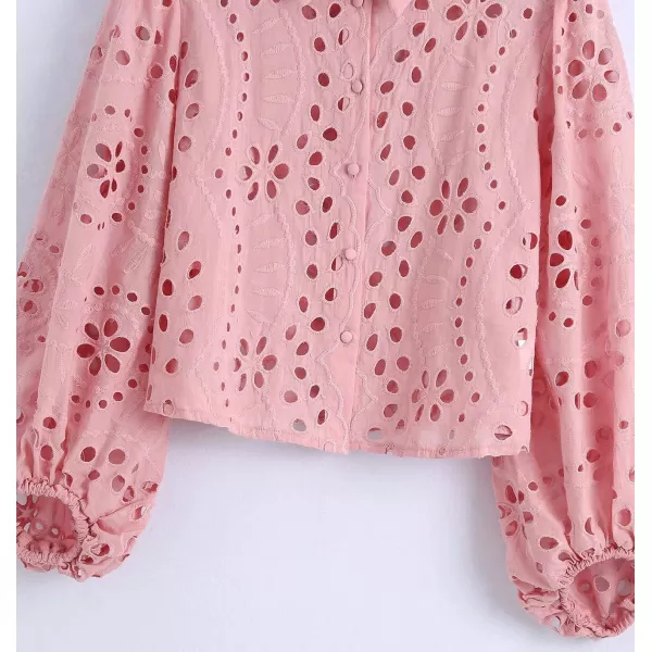 imagechouyatou Women Spring Long Sleeve Hollow Out Lace Top Summer Collared Button Down Shirt Work BlousesPink