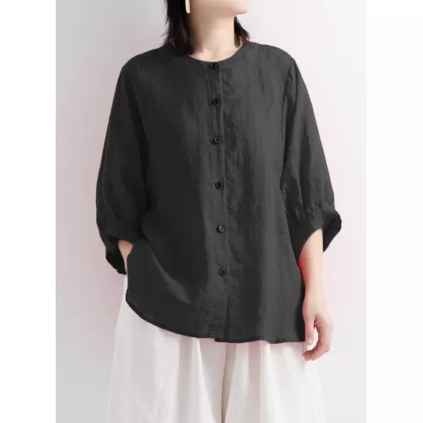 imagechouyatou Women Summer Casual Lantern 34 Sleeve Button Down Cotton Linen Shirts Loose Dolman Top BlouseBlack