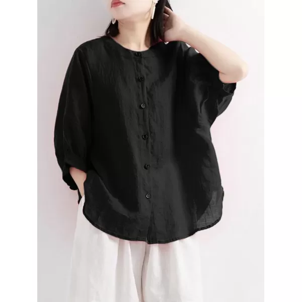 imagechouyatou Women Summer Casual Lantern 34 Sleeve Button Down Cotton Linen Shirts Loose Dolman Top BlouseBlack