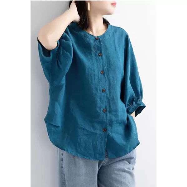 imagechouyatou Women Summer Casual Lantern 34 Sleeve Button Down Cotton Linen Shirts Loose Dolman Top BlouseDark Blue