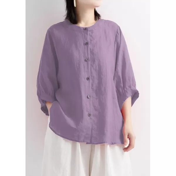 imagechouyatou Women Summer Casual Lantern 34 Sleeve Button Down Cotton Linen Shirts Loose Dolman Top BlousePurple