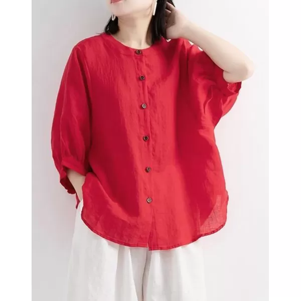 imagechouyatou Women Summer Casual Lantern 34 Sleeve Button Down Cotton Linen Shirts Loose Dolman Top BlouseRed