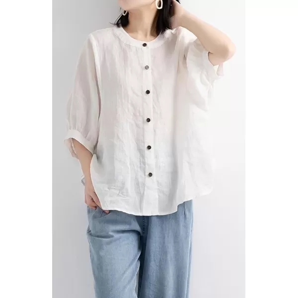imagechouyatou Women Summer Casual Lantern 34 Sleeve Button Down Cotton Linen Shirts Loose Dolman Top BlouseWhite