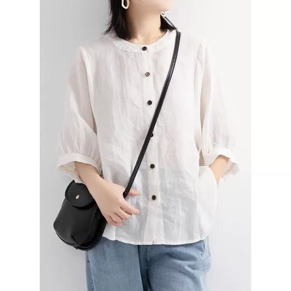 imagechouyatou Women Summer Casual Lantern 34 Sleeve Button Down Cotton Linen Shirts Loose Dolman Top BlouseWhite