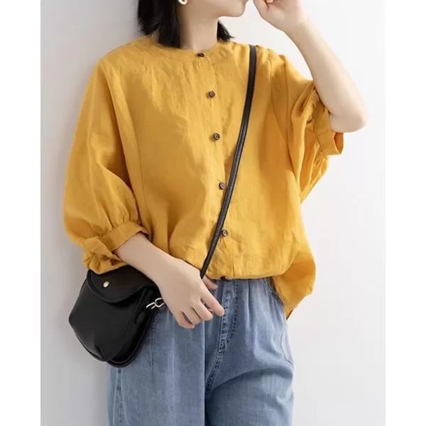 imagechouyatou Women Summer Casual Lantern 34 Sleeve Button Down Cotton Linen Shirts Loose Dolman Top BlouseYellow