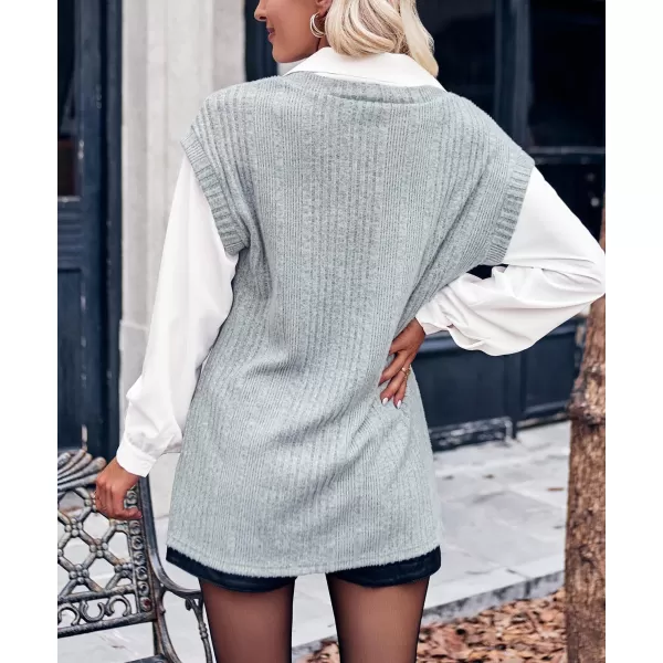 imagechouyatou Womens 2 in 1 Sweater Shirt Spread Collar Long Sleeve Knitted Pullover Blouse TopsGray