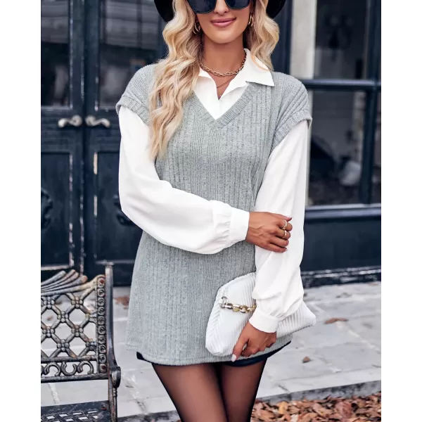 imagechouyatou Womens 2 in 1 Sweater Shirt Spread Collar Long Sleeve Knitted Pullover Blouse TopsGray