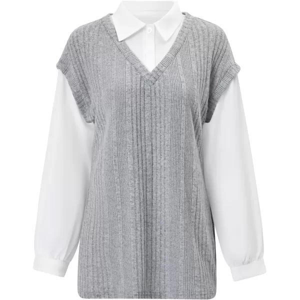imagechouyatou Womens 2 in 1 Sweater Shirt Spread Collar Long Sleeve Knitted Pullover Blouse TopsGray