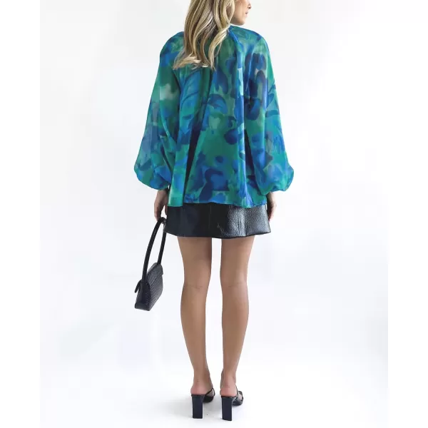 imagechouyatou Womens Boho Colorful Lantern Long Sleeve Button Down Floral Print Oversized Blouse Shirt TopsBlue