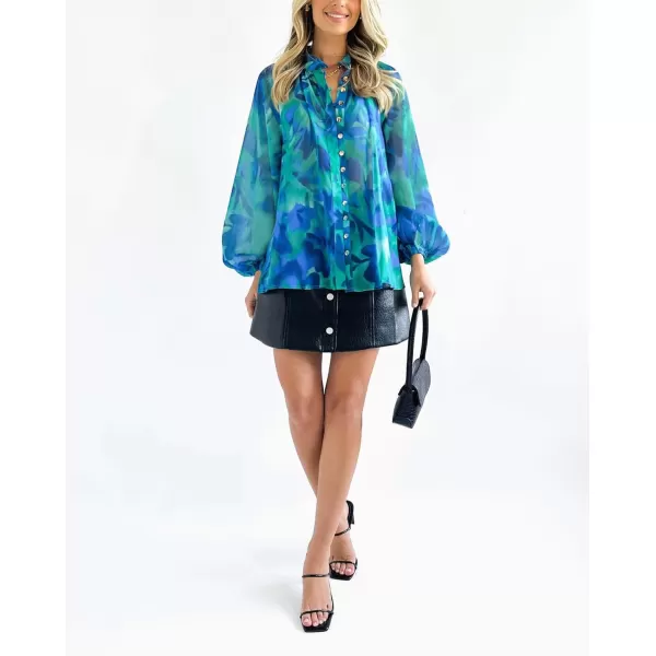 imagechouyatou Womens Boho Colorful Lantern Long Sleeve Button Down Floral Print Oversized Blouse Shirt TopsBlue