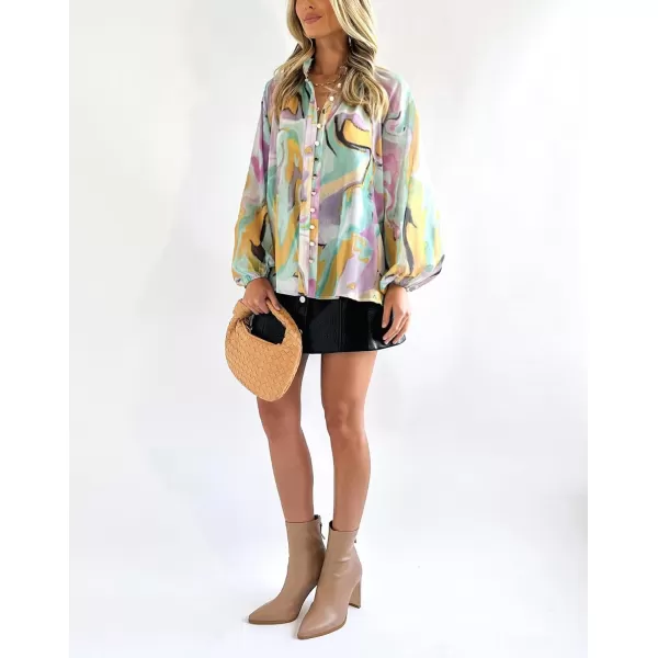 imagechouyatou Womens Boho Colorful Lantern Long Sleeve Button Down Floral Print Oversized Blouse Shirt TopsGreen Yellow