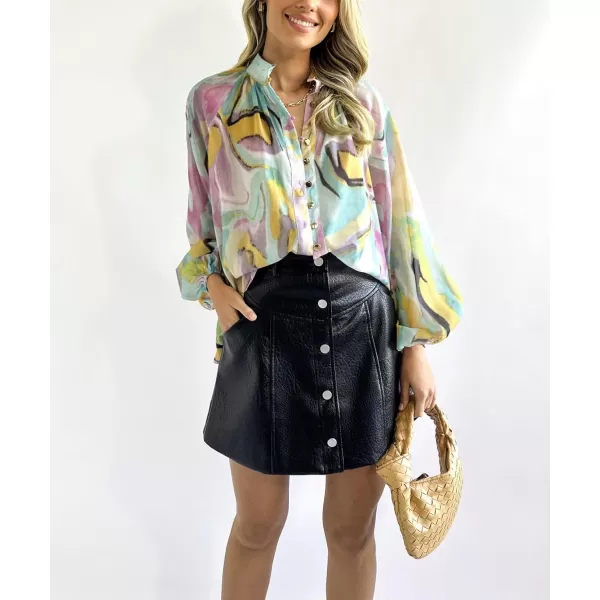 imagechouyatou Womens Boho Colorful Lantern Long Sleeve Button Down Floral Print Oversized Blouse Shirt TopsGreen Yellow