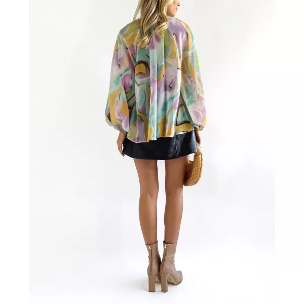 imagechouyatou Womens Boho Colorful Lantern Long Sleeve Button Down Floral Print Oversized Blouse Shirt TopsGreen Yellow