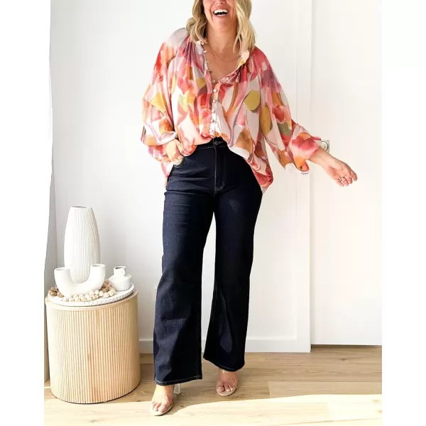 imagechouyatou Womens Boho Colorful Lantern Long Sleeve Button Down Floral Print Oversized Blouse Shirt TopsOrange