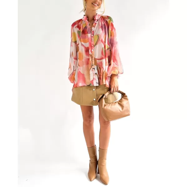 imagechouyatou Womens Boho Colorful Lantern Long Sleeve Button Down Floral Print Oversized Blouse Shirt TopsOrange